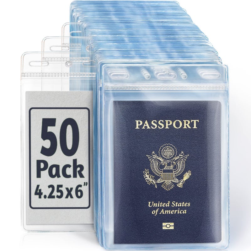 EcoEarth Passport & Identification Card Holders with Soft Edge (Clear, 4x6 Inch, 50 Pack), Extra Large Vertical ID Holder, Zipperless Plastic Name Badge Holders - Image 1